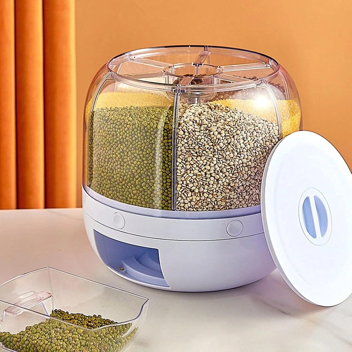 360° Rotating Airtight Rice Dispenser – 6 Grid Moisture Proof Grain Storage Container for Rice, Pulses & Cereals - 7 Liter