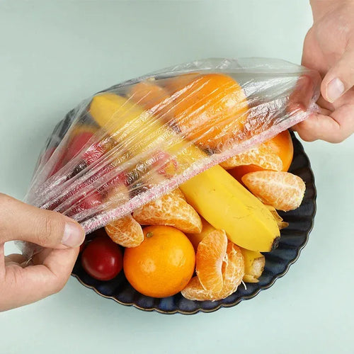 "100Pcs Disposable Food Covers: Convenient, Transparent, and Elastic Stretch Wrap Cling Film Cover for Fruit Bowls, Plates, and More"