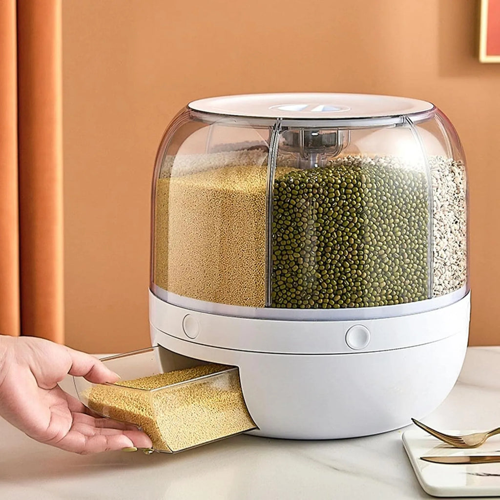 360° Rotating Airtight Rice Dispenser – 6 Grid Moisture Proof Grain Storage Container for Rice, Pulses & Cereals - 7 Liter