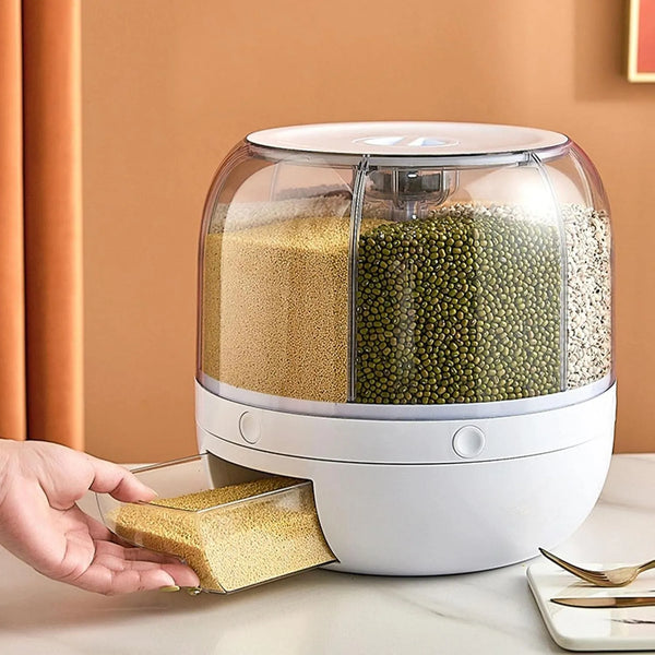 360° Rotating Airtight Rice Dispenser – 6 Grid Moisture Proof Grain Storage Container for Rice, Pulses & Cereals - 7 Liter