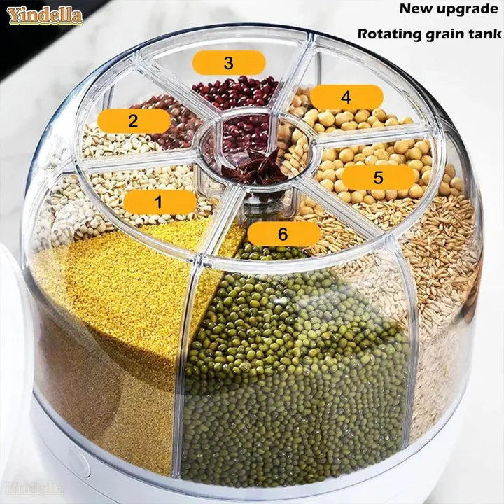 360° Rotating Airtight Rice Dispenser – 6 Grid Moisture Proof Grain Storage Container for Rice, Pulses & Cereals - 7 Liter