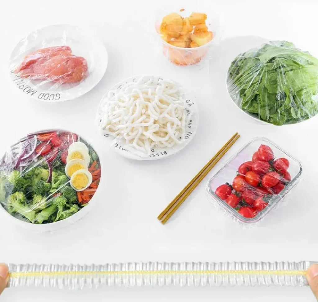 "100Pcs Disposable Food Covers: Convenient, Transparent, and Elastic Stretch Wrap Cling Film Cover for Fruit Bowls, Plates, and More"