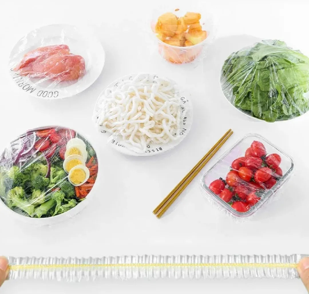 "100Pcs Disposable Food Covers: Convenient, Transparent, and Elastic Stretch Wrap Cling Film Cover for Fruit Bowls, Plates, and More"