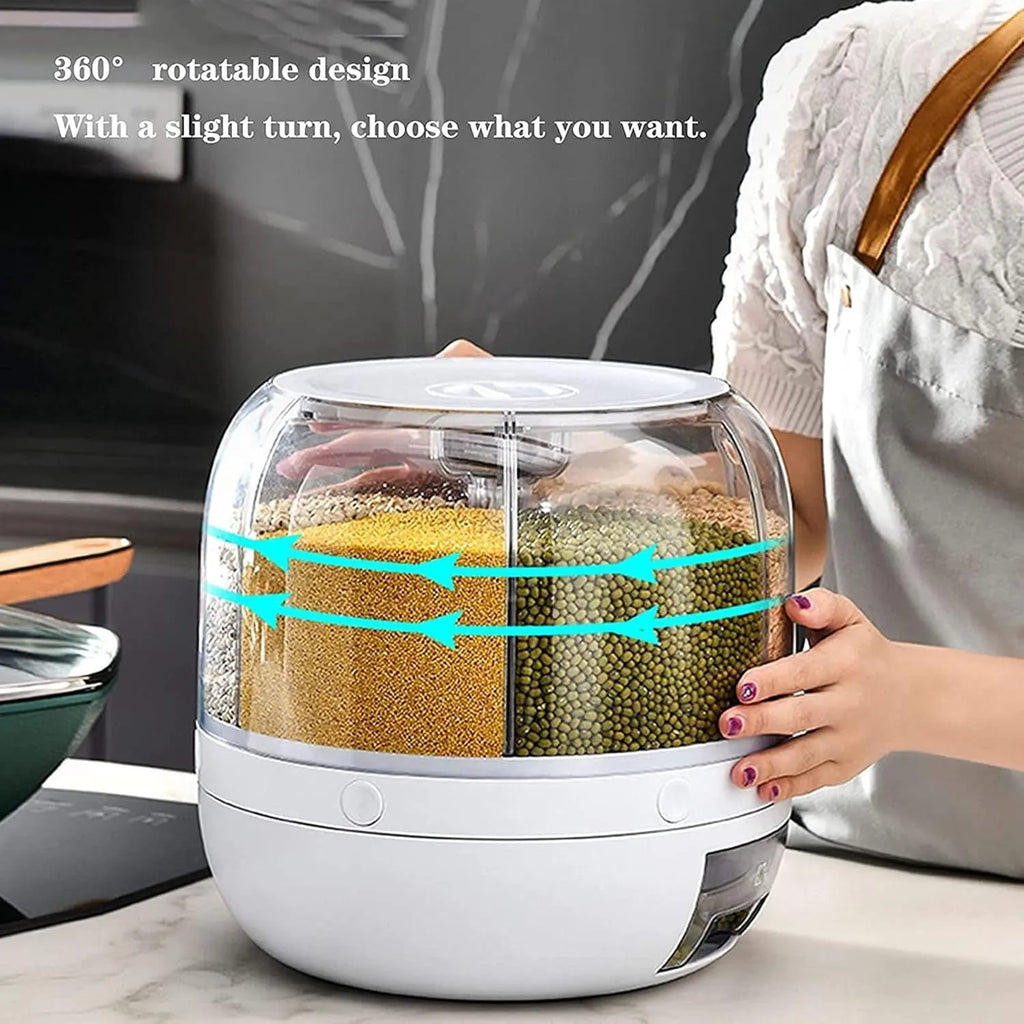 360° Rotating Airtight Rice Dispenser – 6 Grid Moisture Proof Grain Storage Container for Rice, Pulses & Cereals - 7 Liter