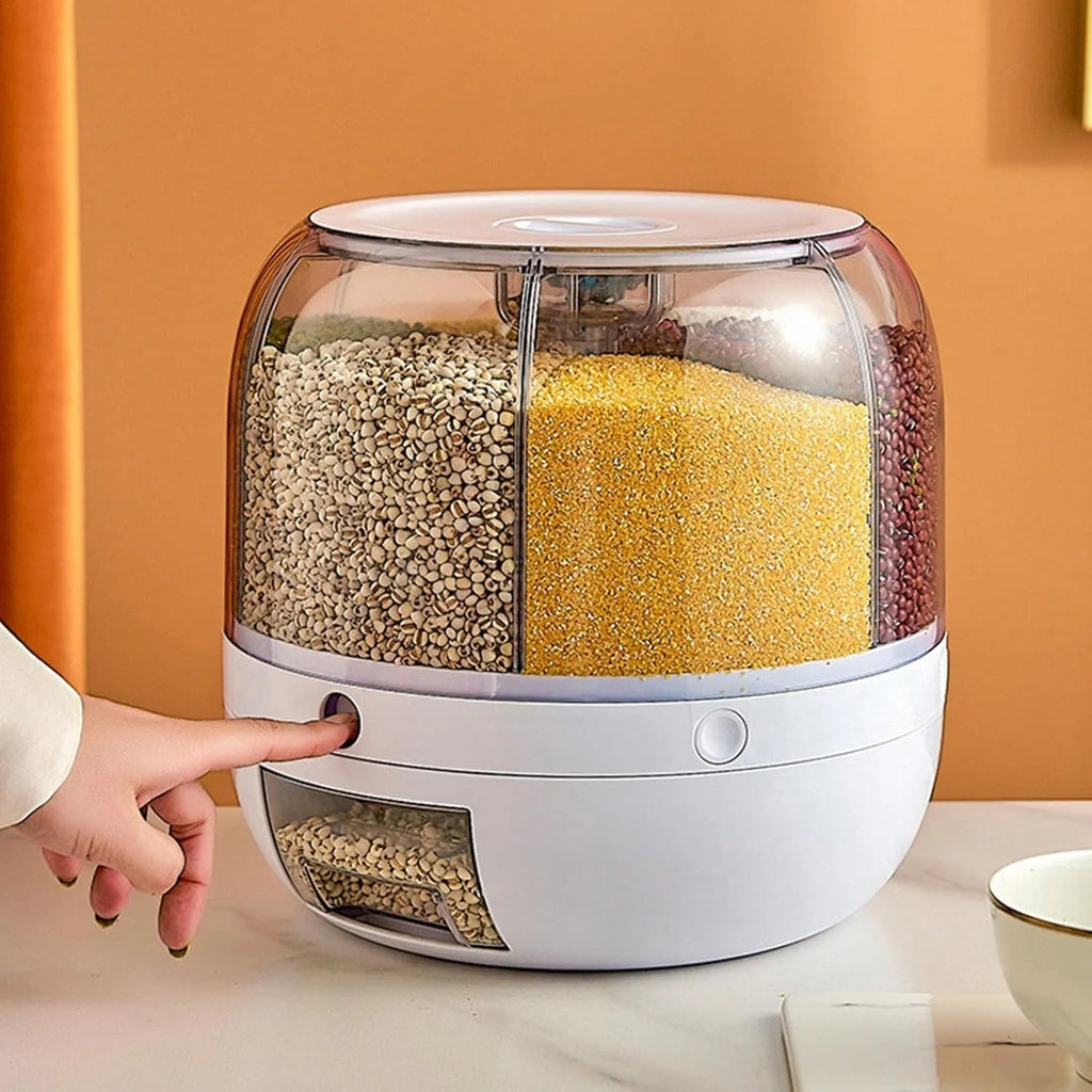 360° Rotating Airtight Rice Dispenser – 6 Grid Moisture Proof Grain Storage Container for Rice, Pulses & Cereals - 7 Liter