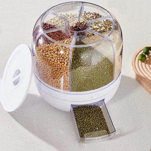 360° Rotating Airtight Rice Dispenser – 6 Grid Moisture Proof Grain Storage Container for Rice, Pulses & Cereals - 7 Liter