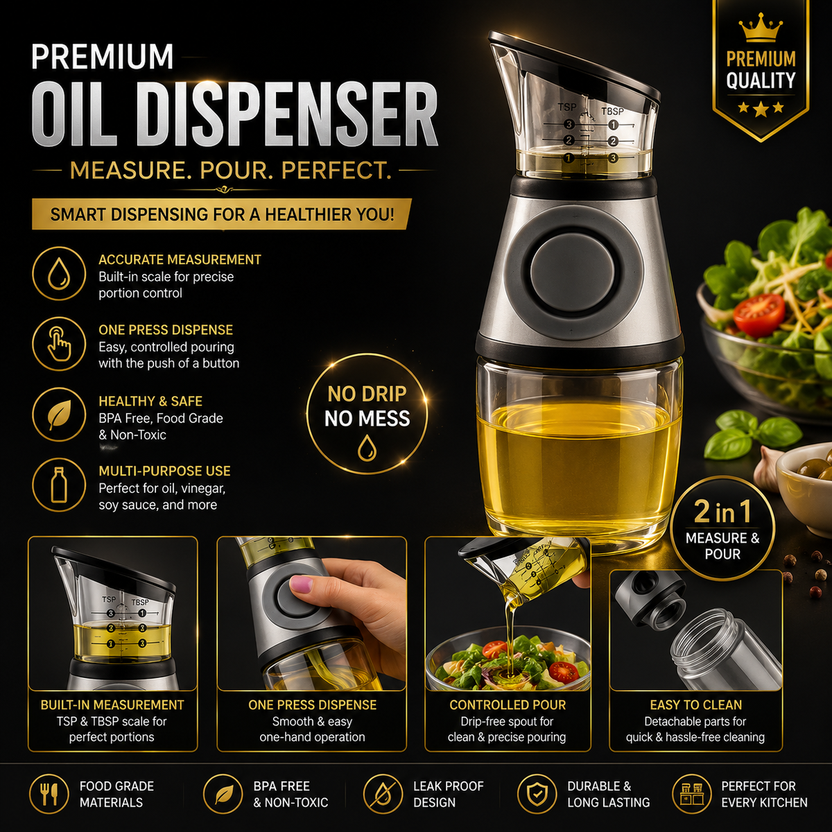500ml Glass Oil Dispenser Bottle with Leakproof Oil & Vinegar Pourer