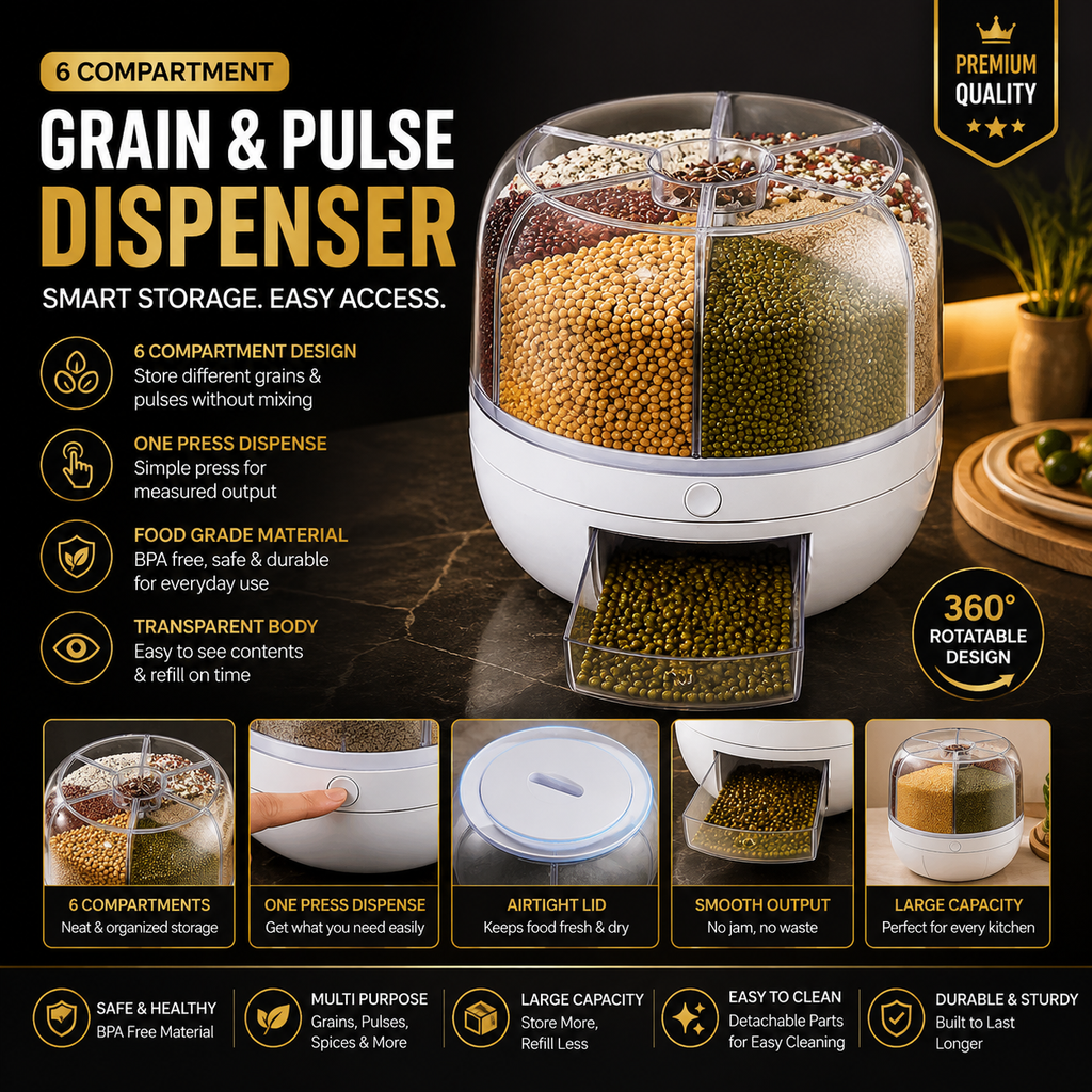 360° Rotating Airtight Rice Dispenser 7L with 6-Grid Grain Storage