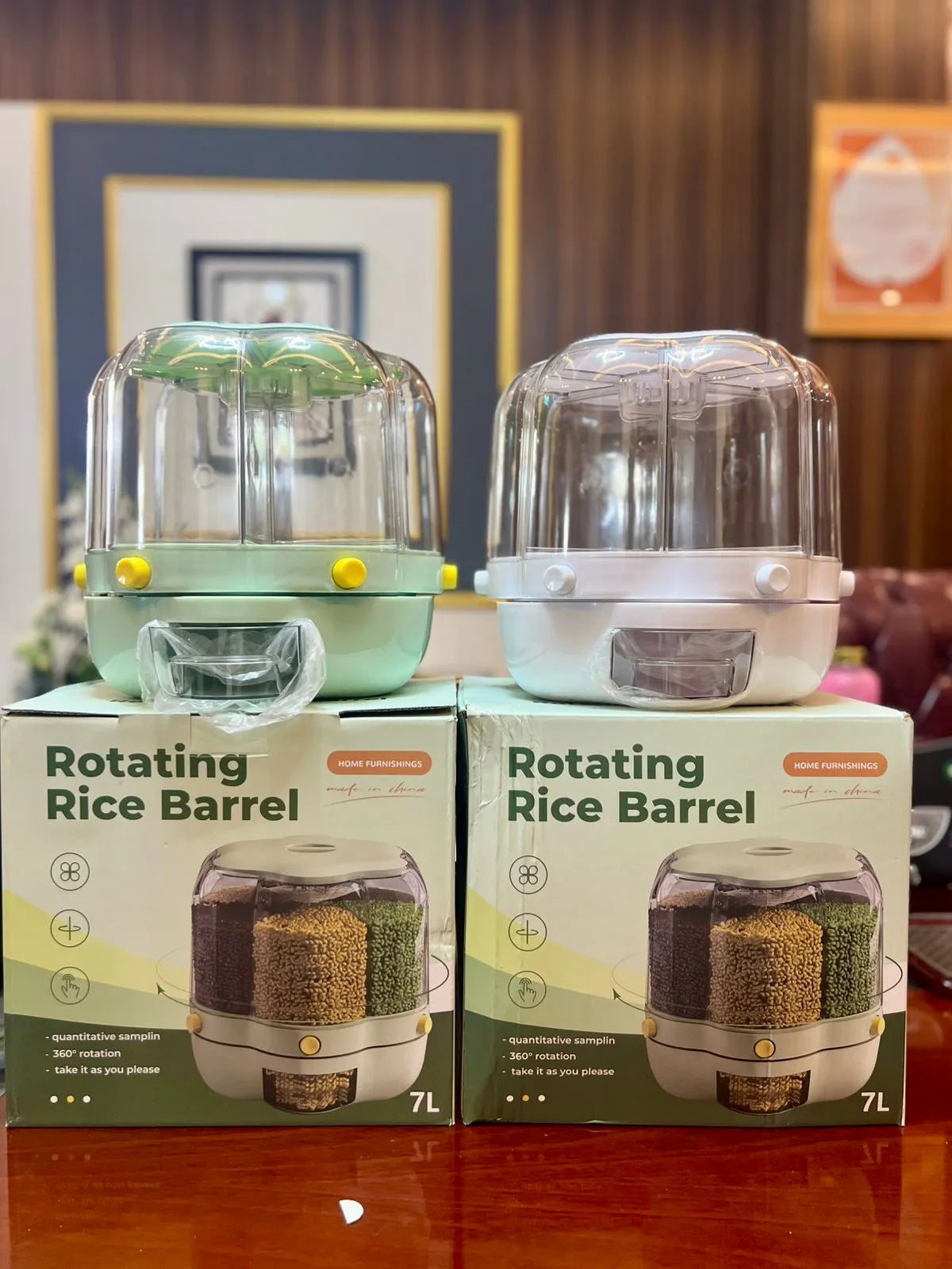 360° Rotating Airtight Rice Dispenser – 6 Grid Moisture Proof Grain Storage Container for Rice, Pulses & Cereals - 7 Liter