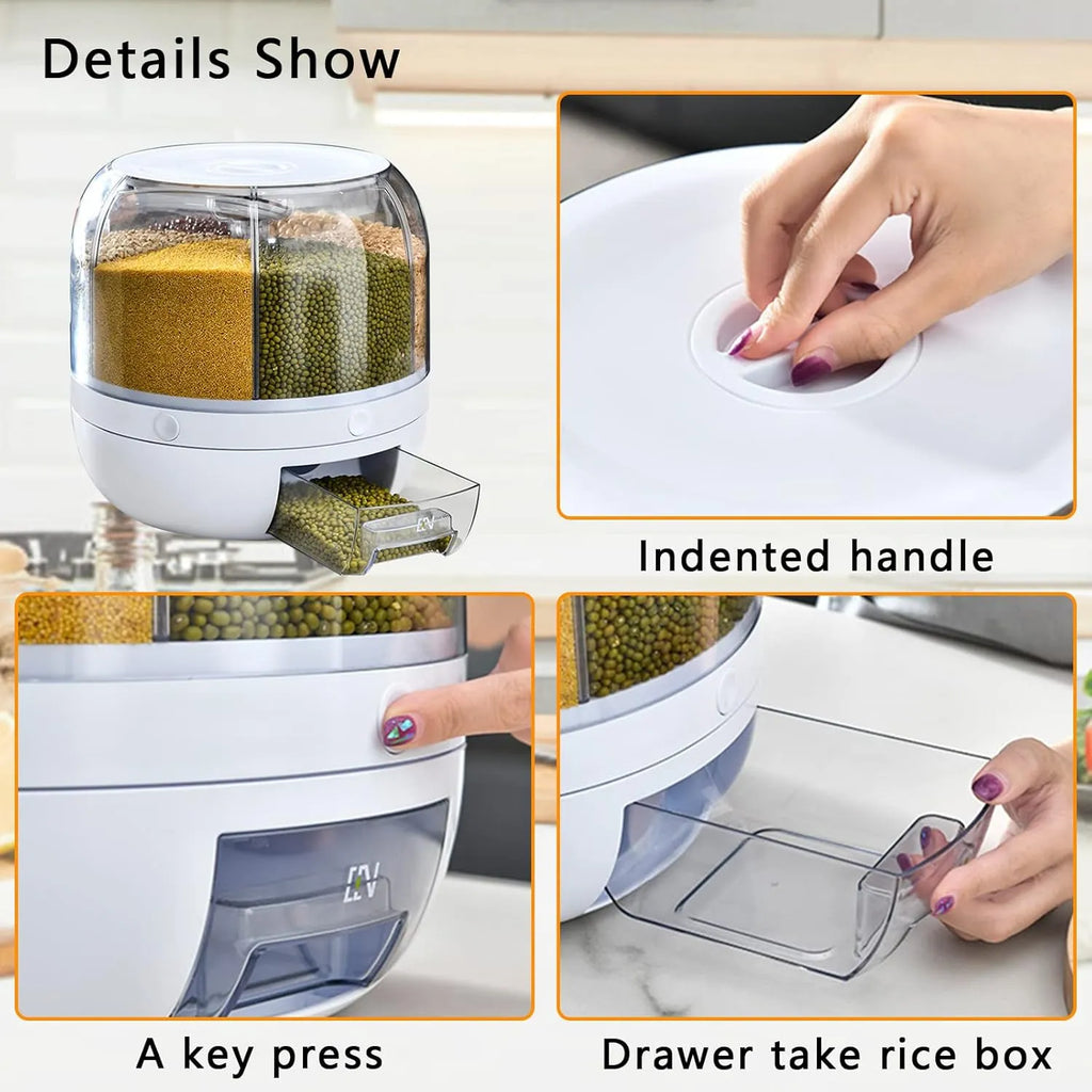 360° Rotating Airtight Rice Dispenser – 6 Grid Moisture Proof Grain Storage Container for Rice, Pulses & Cereals - 7 Liter